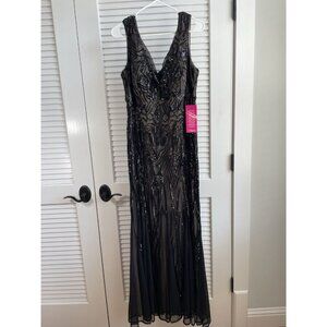 R & M Richards Black Sleeveless V-Neck Sequin Godet Skirt Long Formal Dress Ball